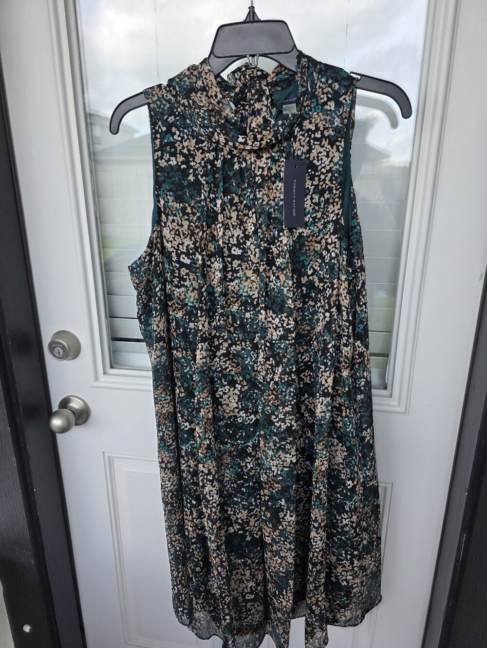 Tommy Hilfiger Sleeveless Floral Print Dress Cowl Neck Green Black Size 12 Party - Picture 7 of 11